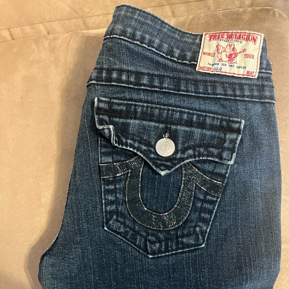 True Religion Blue Boot Cut Jeans with Signature Stitching